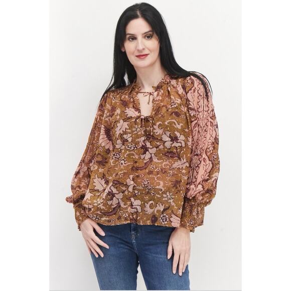 O.P.T One Pretty Time Womens Top L Smocked Peasant Praire Peasant Boho Cottage - Picture 1 of 8